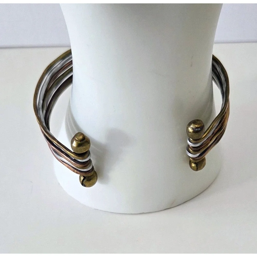 Tri Color 7 Band‎ Hammered Metal Cuff Bracelet Brass Silver Copper Tones Unisex